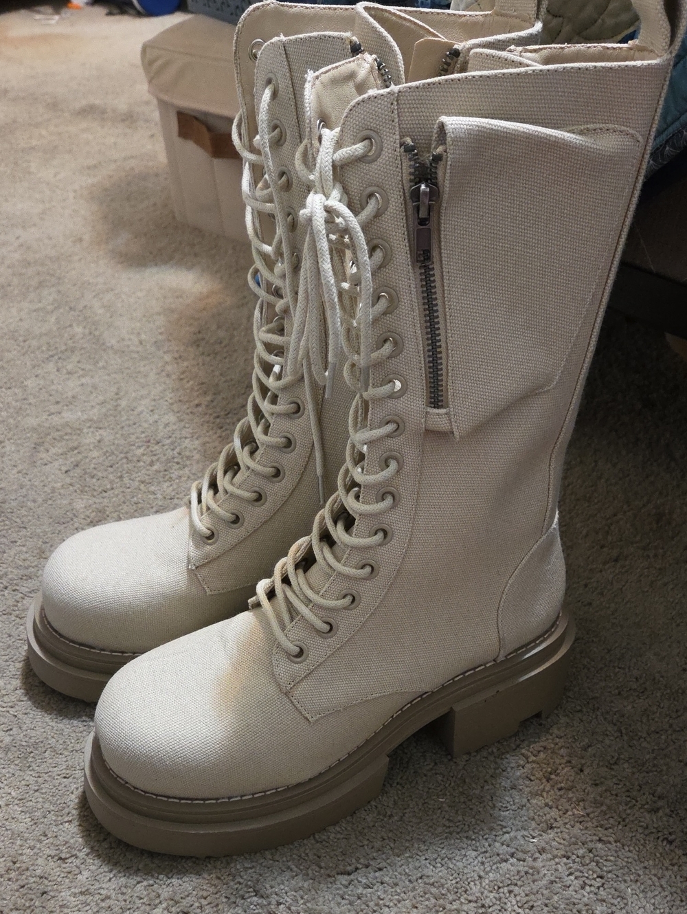 Dolls Kill Canvas Lace-Up Mid-Calf Combat Boots in Beige